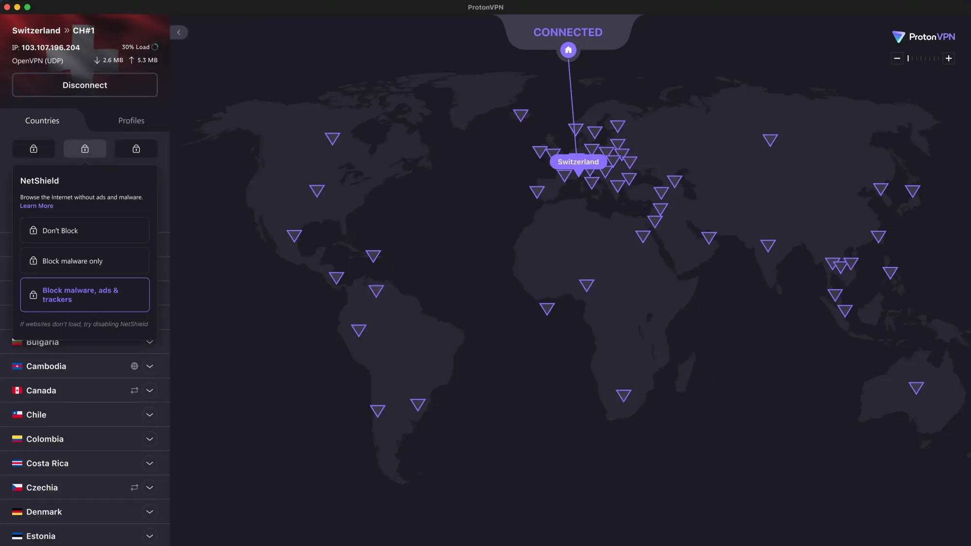 Proton VPN app showing an active connection to Switzerland on a world map.