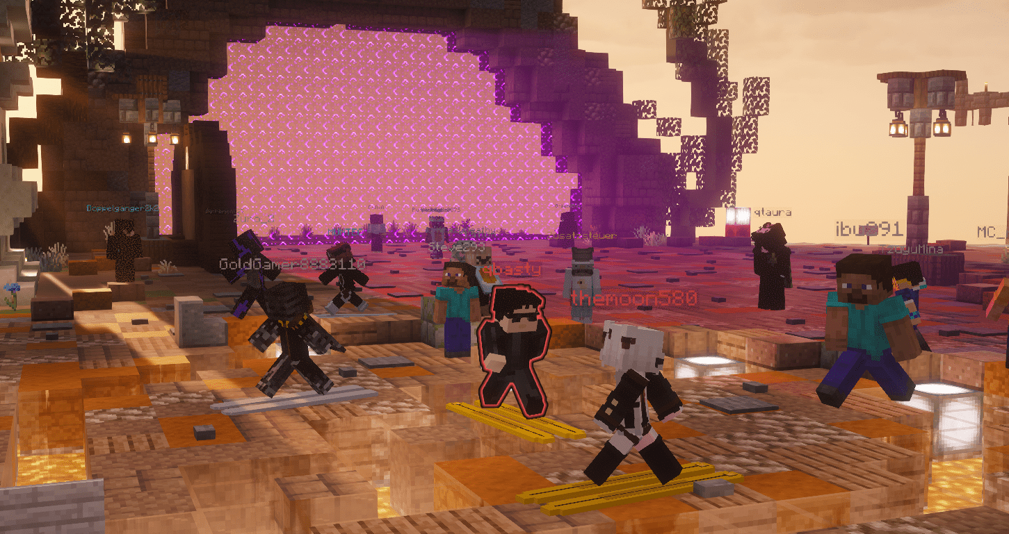 6b6t players skiing through the new lobby using the /ski command.