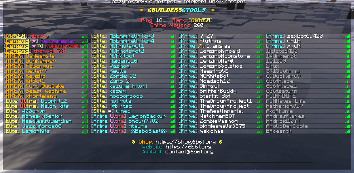 6b6t player list showing 260 players online after the Minecraft blacklist