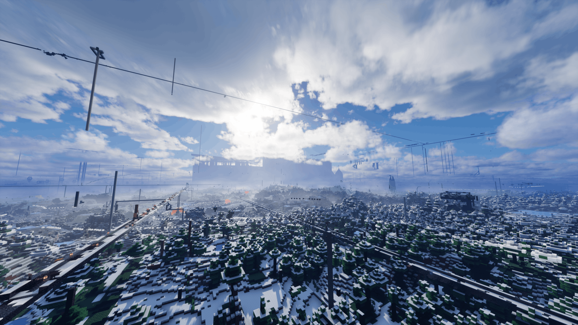 Wide view of the 6b6t spawn with snowy terrain, highways and player-built structures