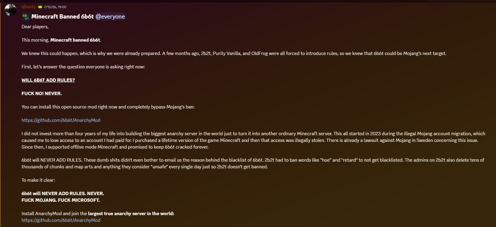 Official 6b6t Discord announcement titled Minecraft Banned 6b6t explaining that the server will not add rules