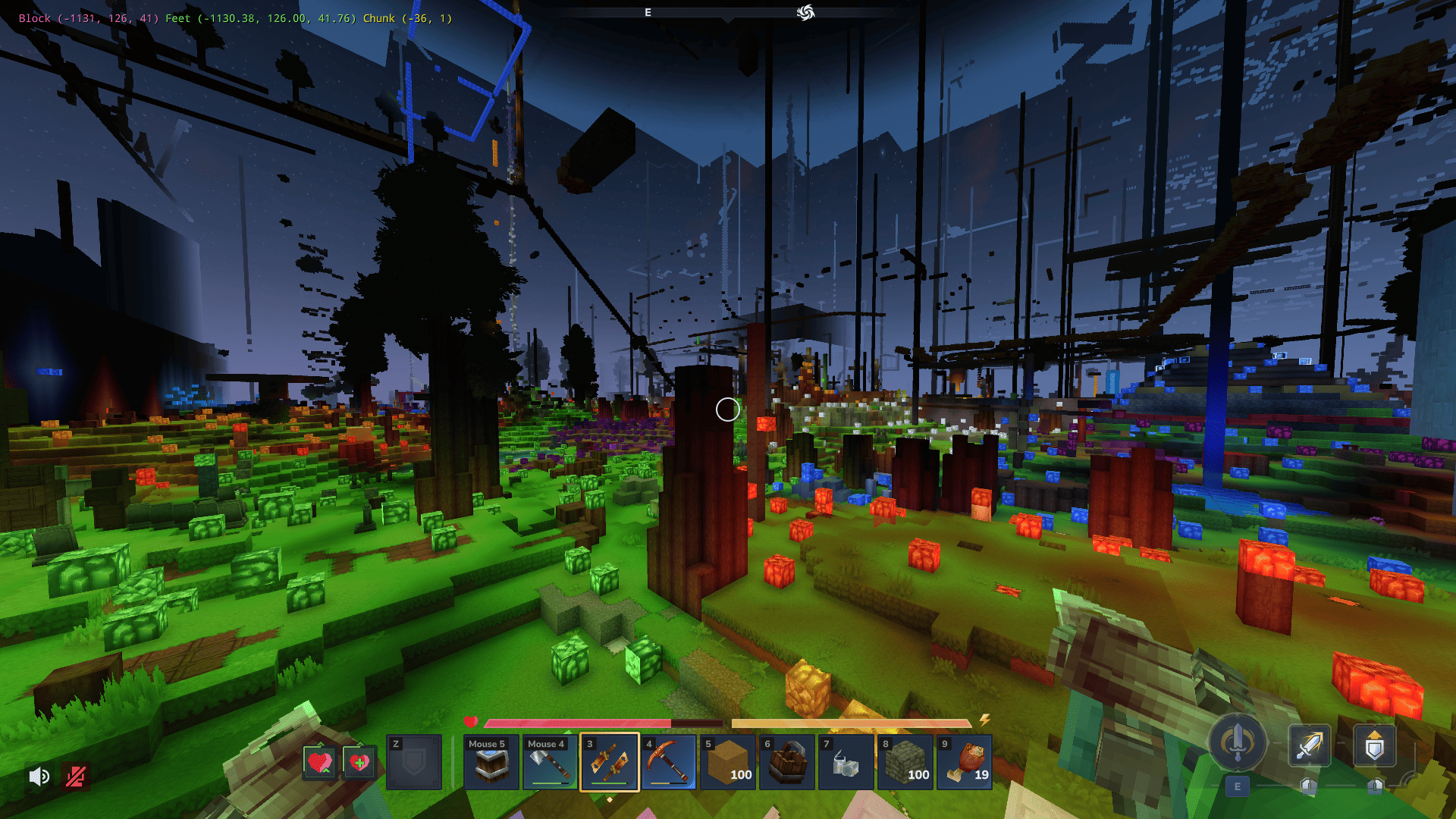 Wide view of the griefed 6b6t Hytale spawn and player-built roof above 0,0