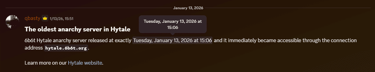 6b6t Hytale launch announcement dated January 13, 2026 at 15:06 CET