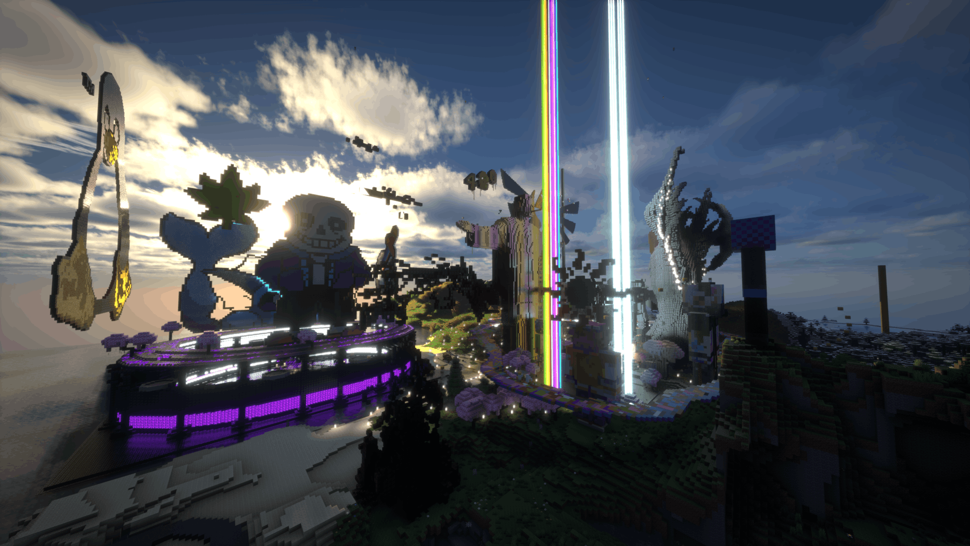Wide view of the Raingang v6 player base on 6b6t with large builds and beacon lights