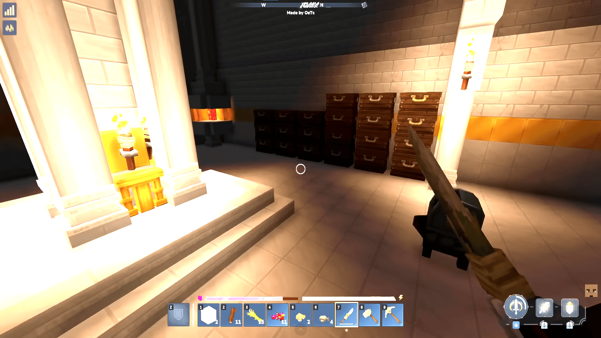FitMC inside a temple containing rows of player storage chests on 6b6t Hytale