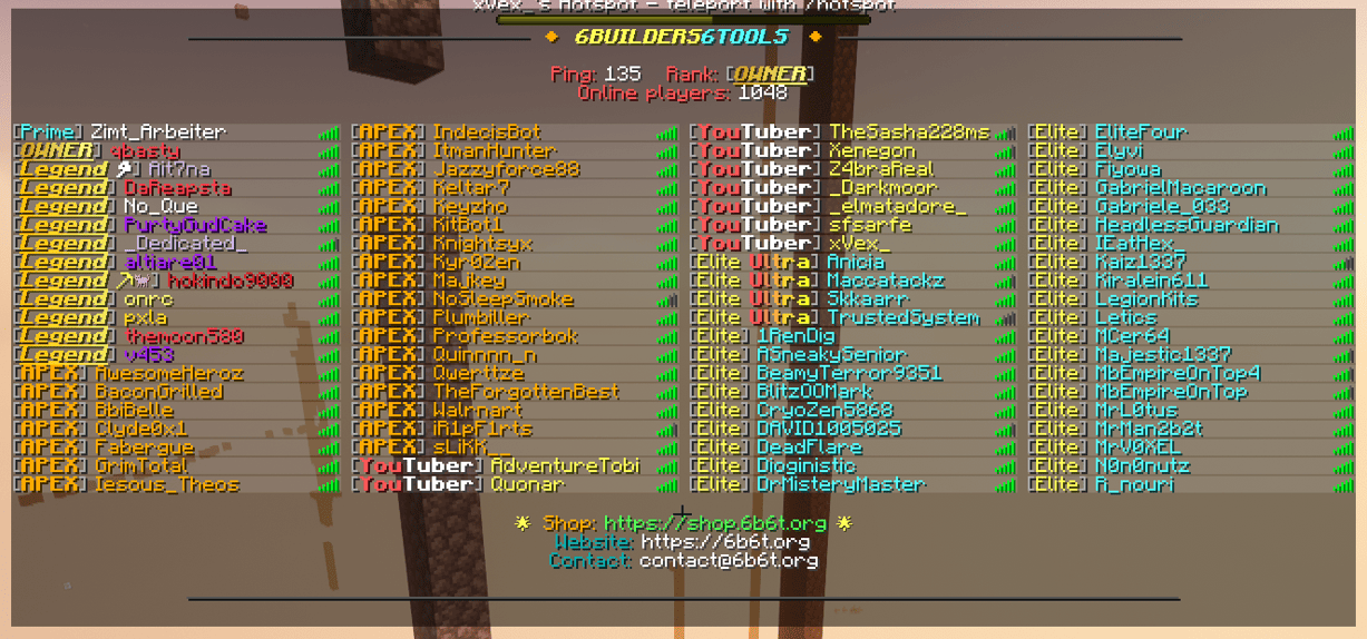 The 6b6t Minecraft player list showing 1,048 players online during the Dupe Event.