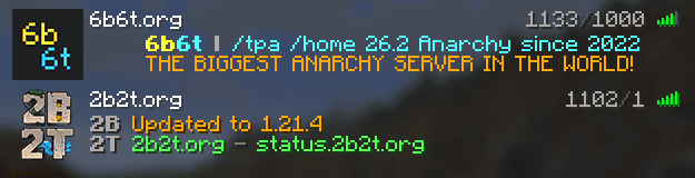 A Minecraft server list showing 1,133 players on 6b6t and 1,102 players on 2b2t.