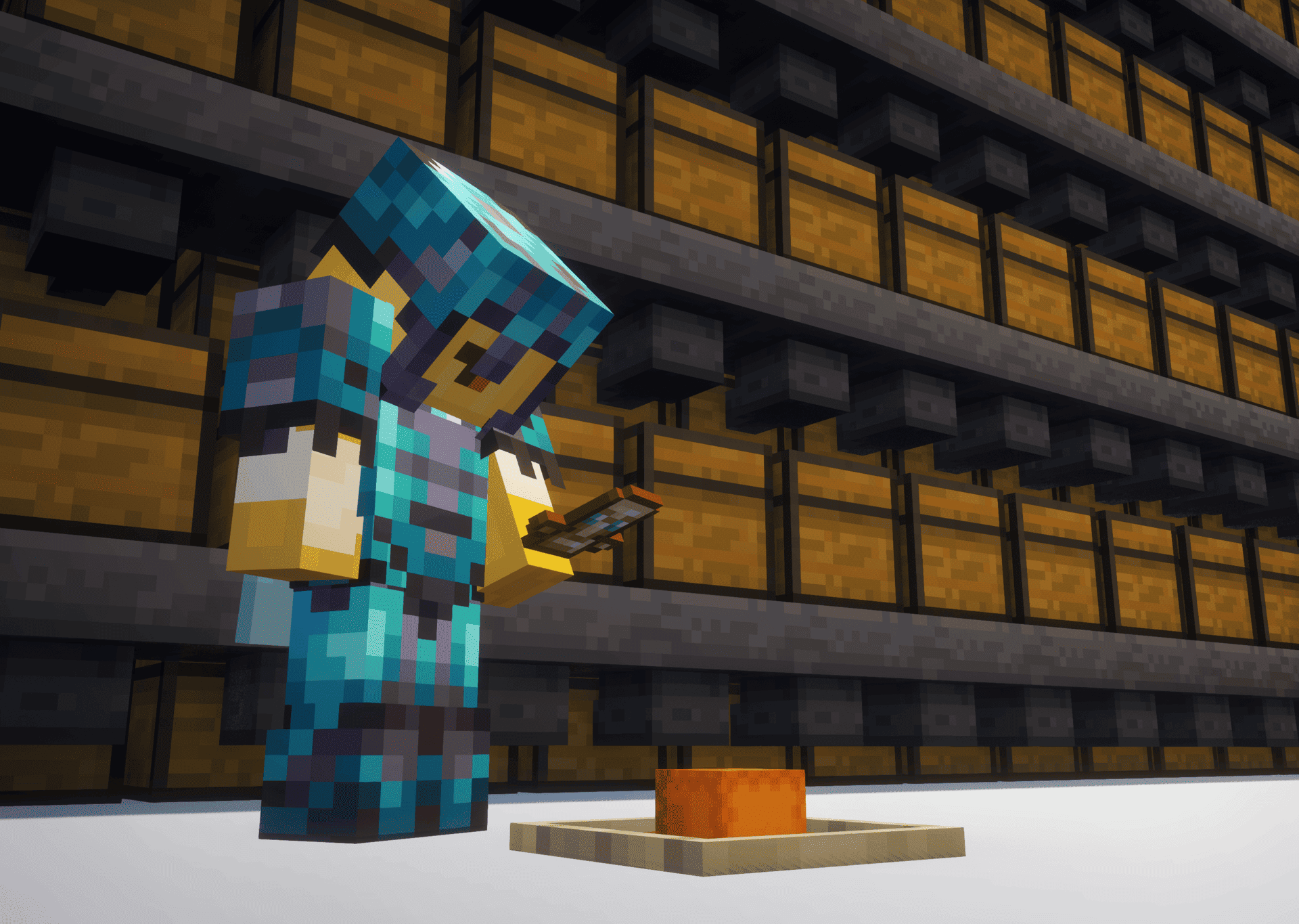 Kyr0Zen performing a Minecraft item dupe in front of rows of storage chests on 6b6t.