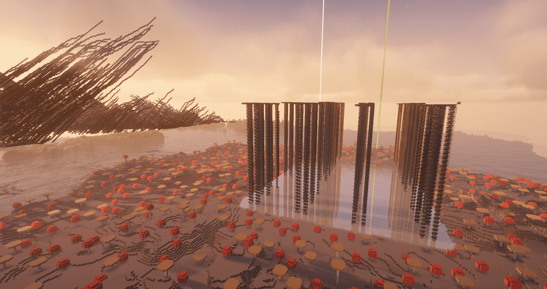 A huge Minecraft dupe stash on 6b6t, with large storage structures spread across a mushroom biome.