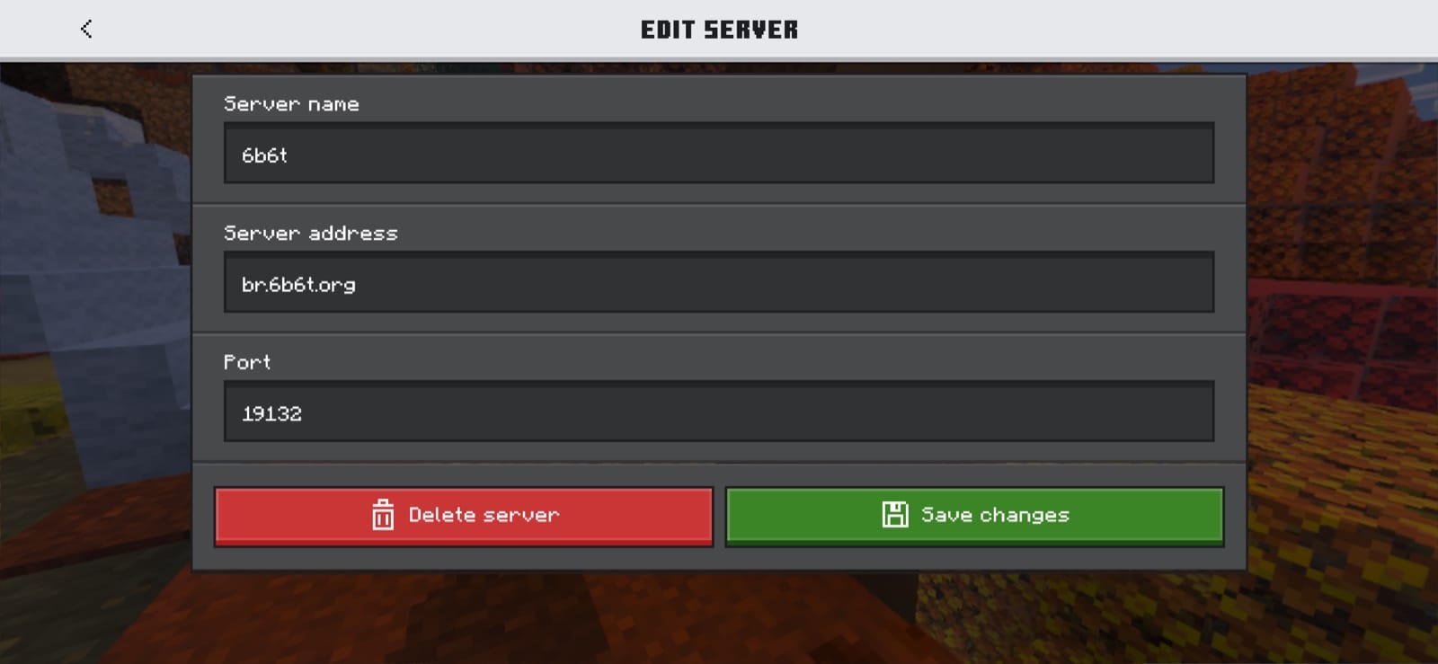 The Minecraft Bedrock Edit Server screen filled in with the 6b6t address br.6b6t.org and port 19132