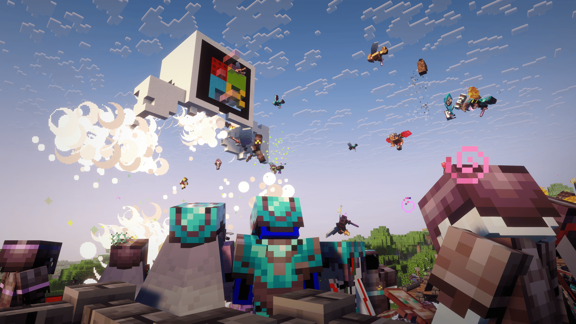 Minecraft players gathered around a Microsoft logo statue exploding on 6b6t, with armoured players flying through the air.