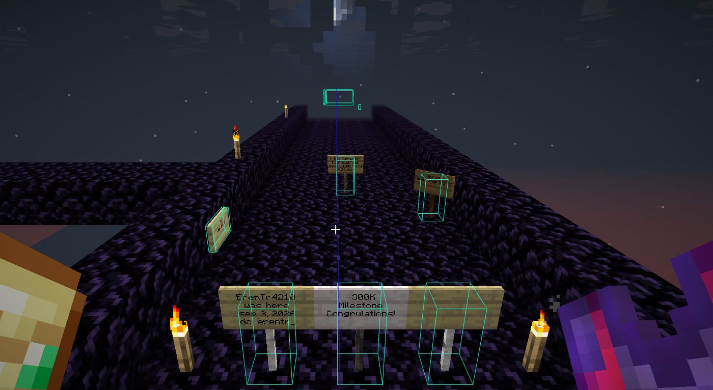 A 6b6t obsidian highway at night with a sign reading "-300K Milestone Congratulations!".
