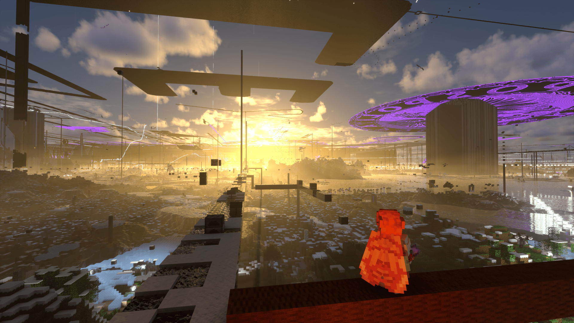 A player overlooking 6b6t spawn in golden sunlight, with destroyed terrain, floating structures and large purple rings in the sky.