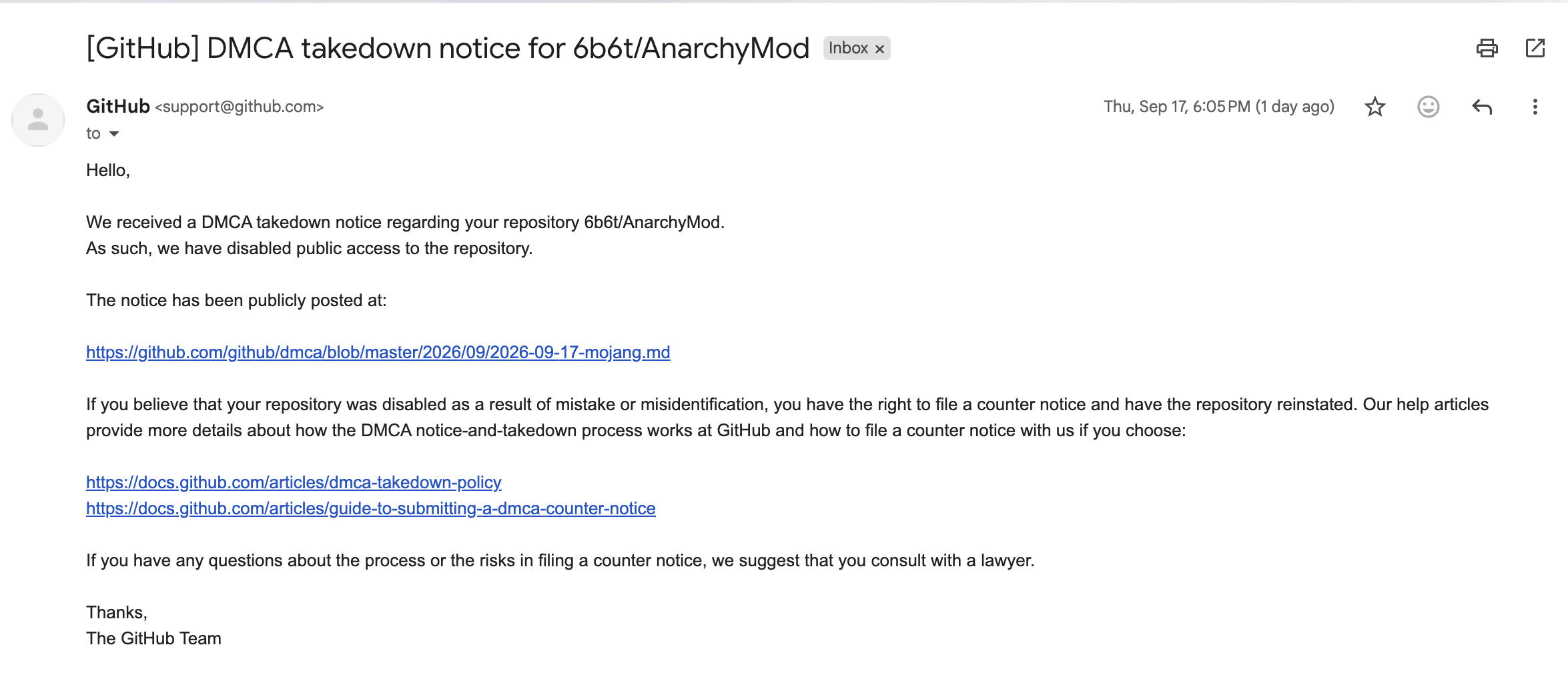 GitHub email confirming that public access to the 6b6t/AnarchyMod repository was disabled after a DMCA complaint, with a link to the published notice.