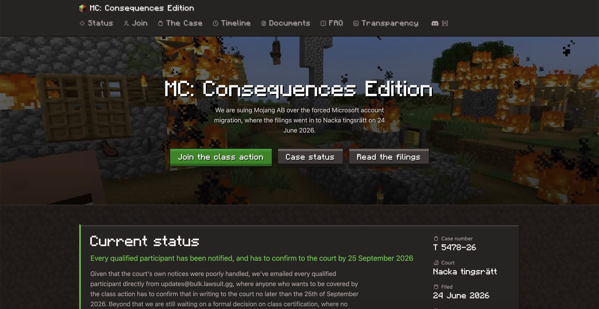 lawsuit.gg homepage showing MC: Consequences Edition, its lawsuit against Mojang over Microsoft account migration, and links to the case status and court filings.