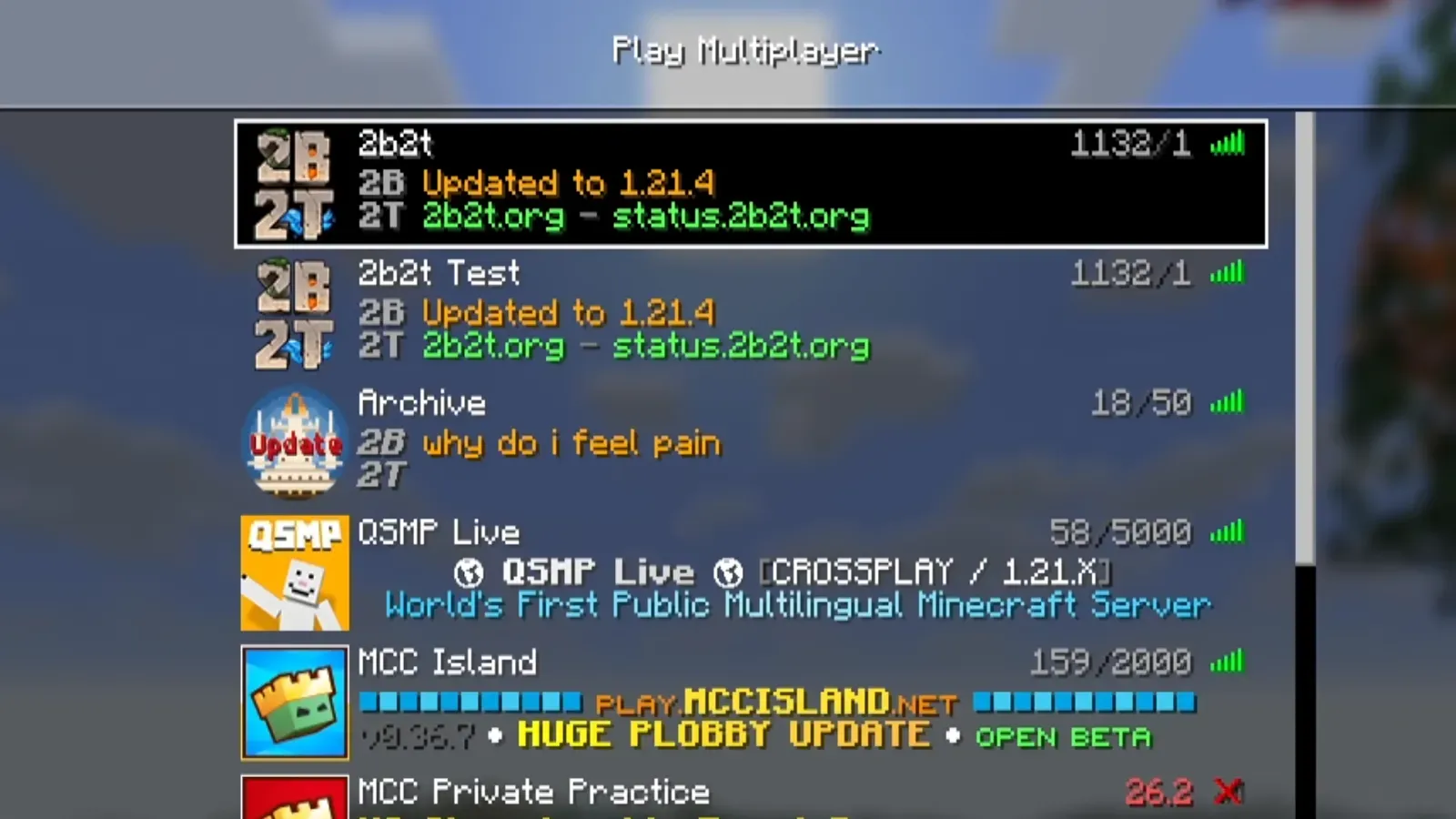 A Minecraft server list showing 2b2t and 2b2t Test, both with the message Updated to 1.21.4 under the name