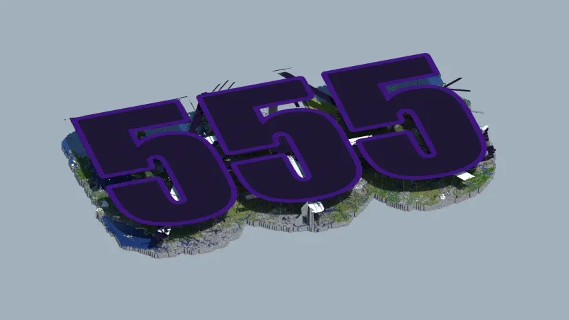 An image of the entire 555 logo seen from above at an angle with shaders using a world download and rendered.