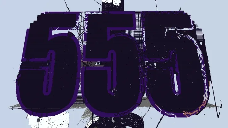 The small 555 logo on 6b6t after an attack by Tesseract, with holes blasted through the dark purple 5s.