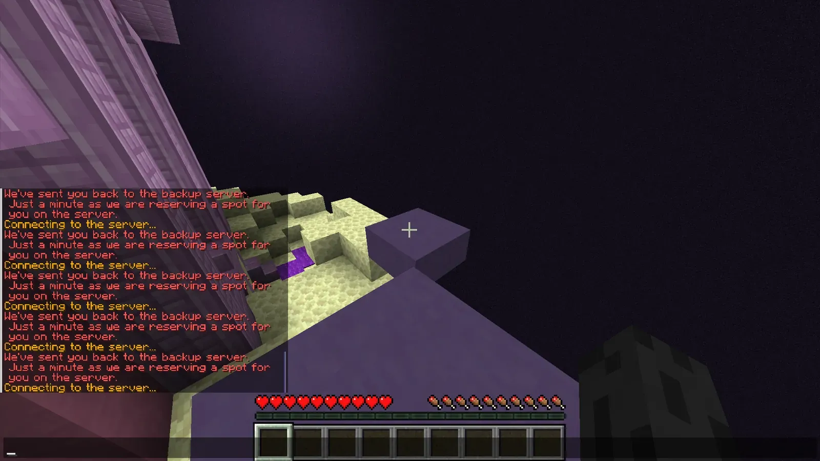 Minecraft chat in a dark End-style world repeating that 6b6t sent the player back to the backup server to reserve a spot