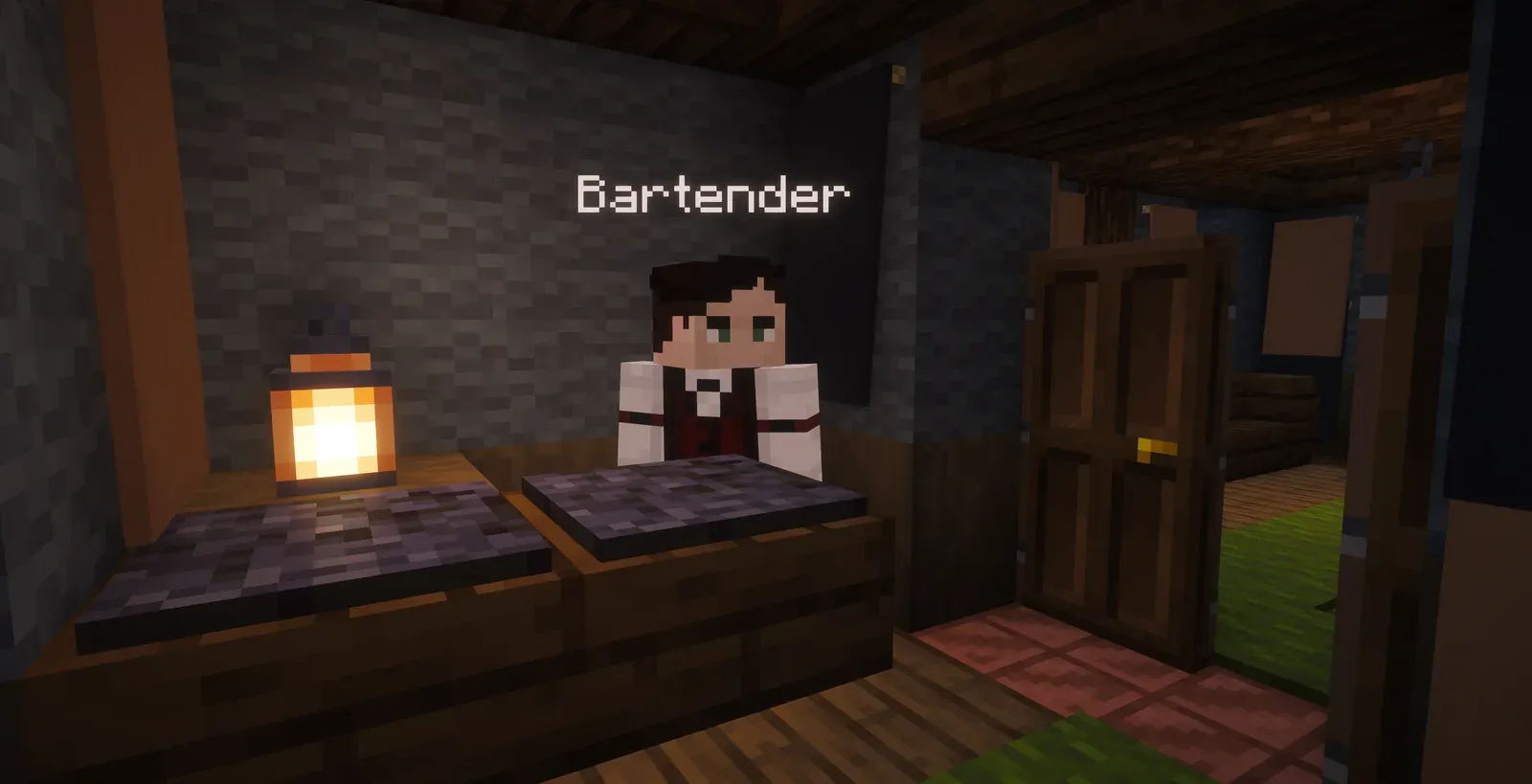 The Bartender NPC standing behind the counter of the Cigar Bar, lit by a lantern