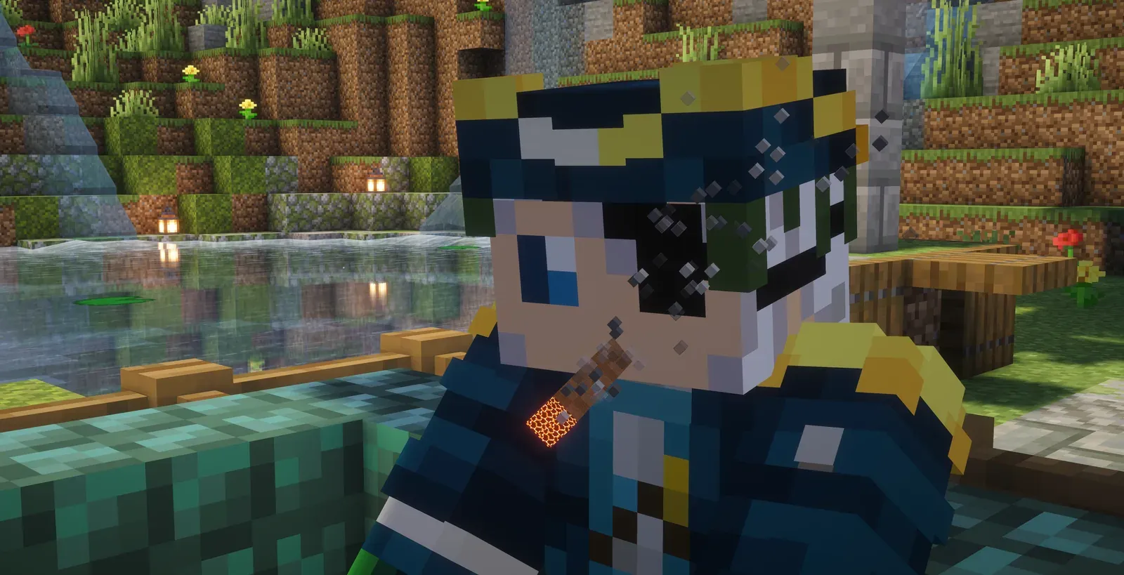 A close-up of a player in a captain's hat with a lit cigar in his mouth