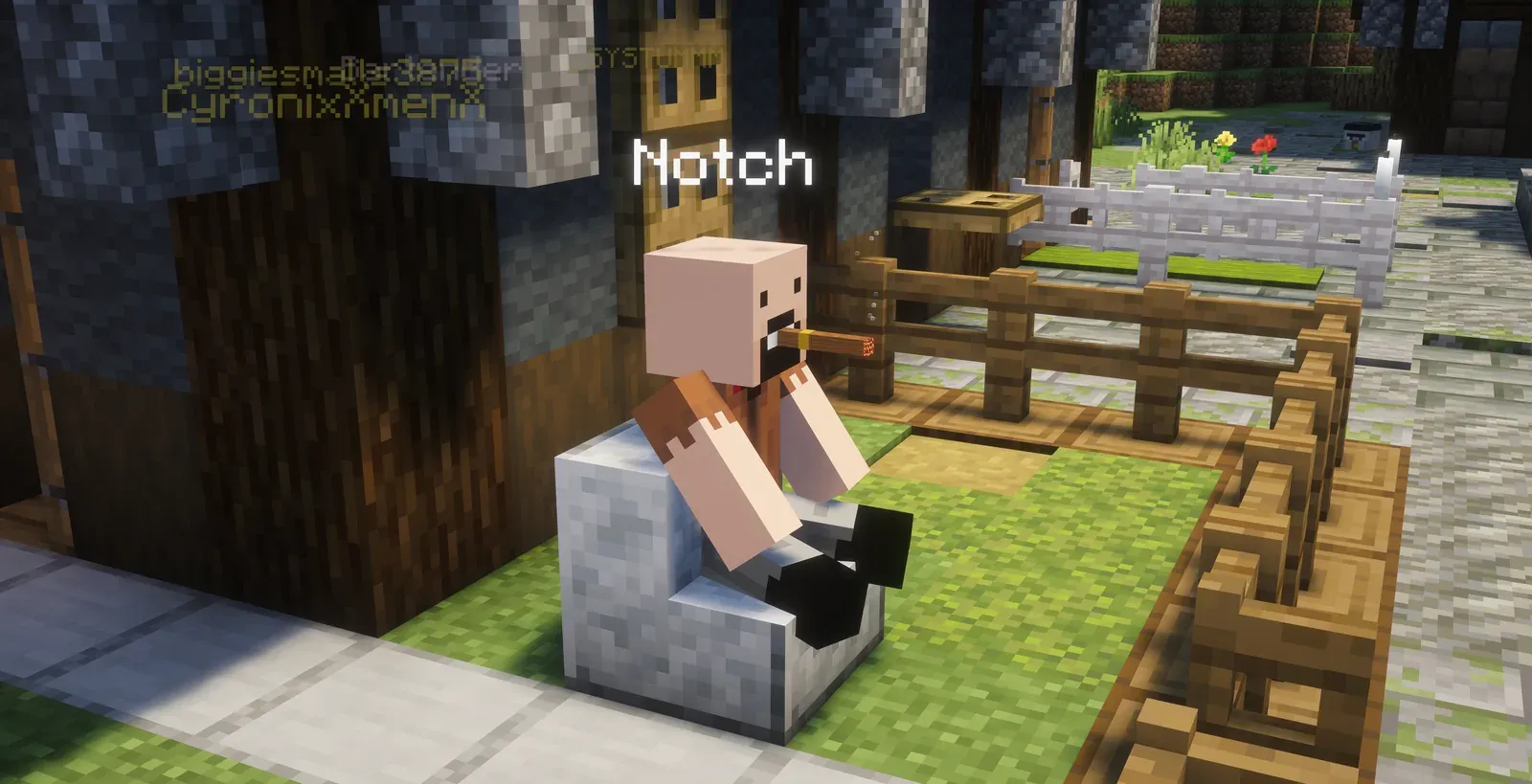 An NPC called Notch sitting on a stone seat in the Cigar Bar garden with a cigar in his mouth