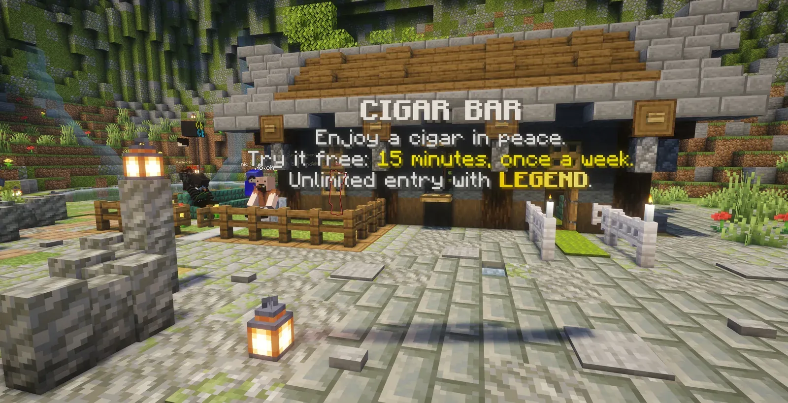 The Cigar Bar with a floating sign: enjoy a cigar in peace, try it free 15 minutes once a week, unlimited entry with Legend