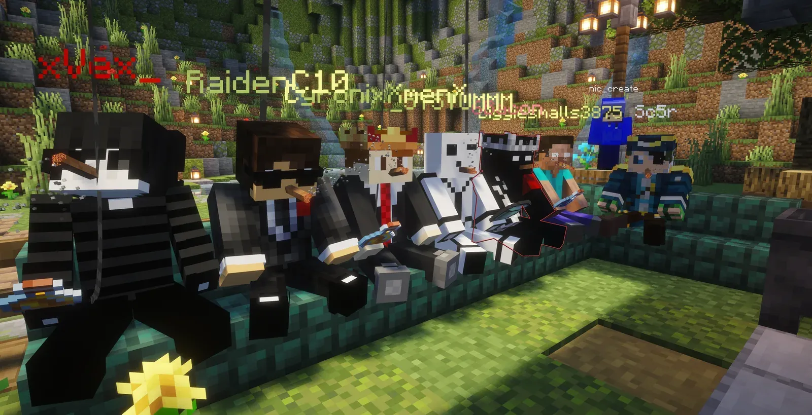 A row of players sitting on a green sofa in the garden outside the Cigar Bar, each smoking a cigar