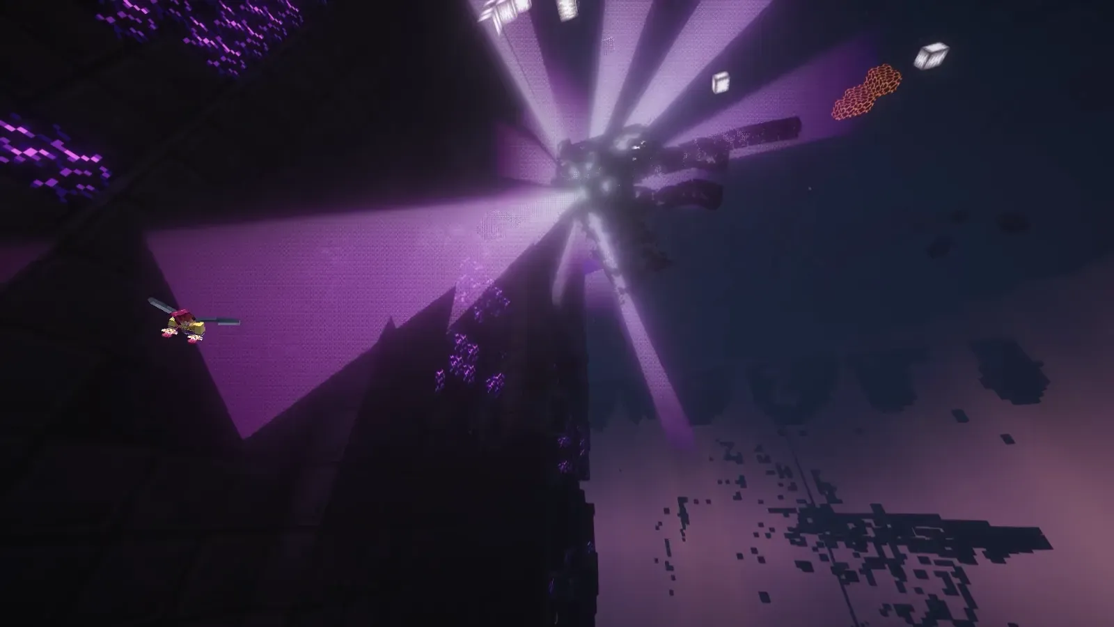 The Ender Dragon bursting into beams of purple light as it dies above the End island, with a player flying close by.