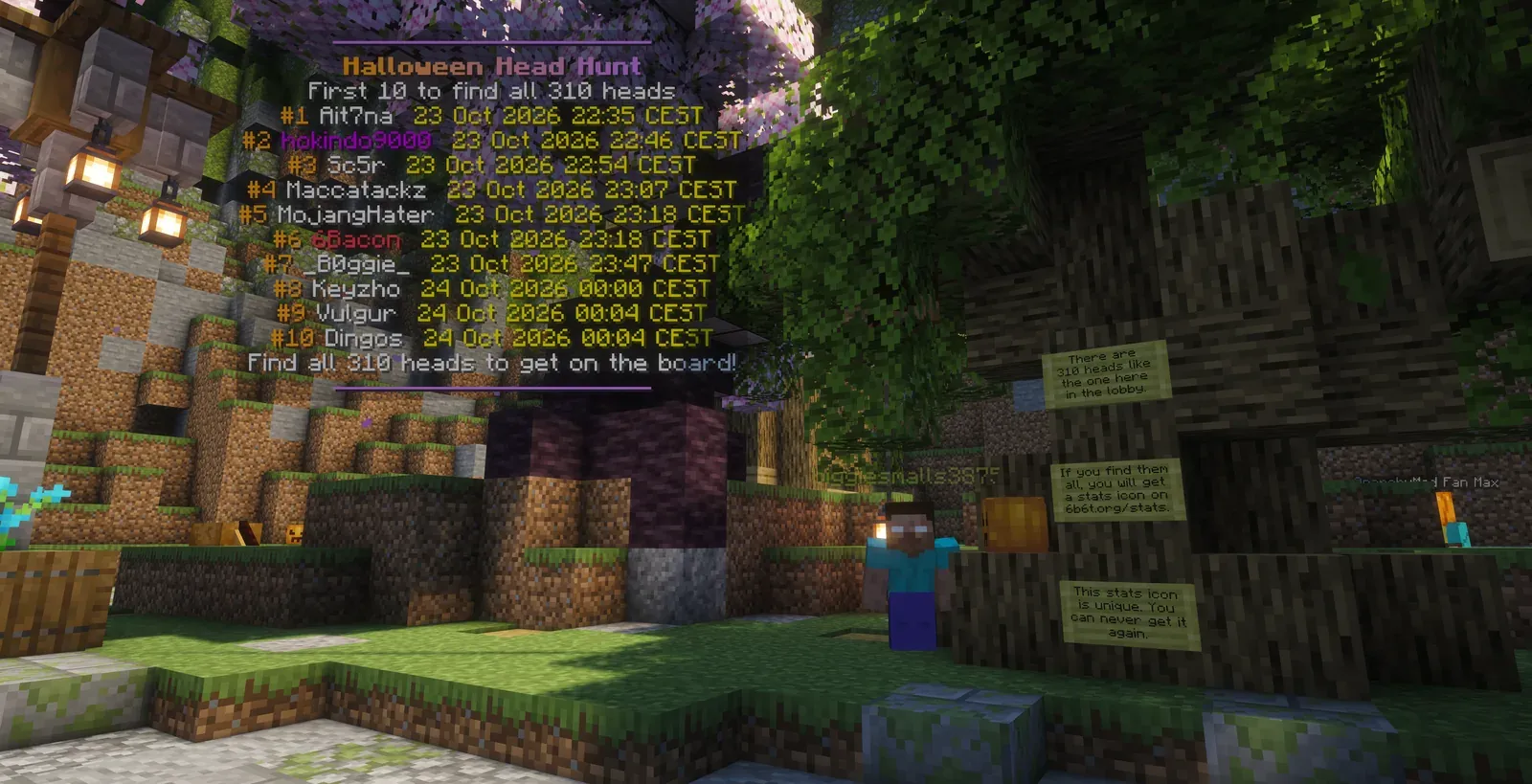 The Halloween Head Hunt board listing the first 10 players to find all 310 heads, from Ait7na at 22:35 to Dingos at 00:04