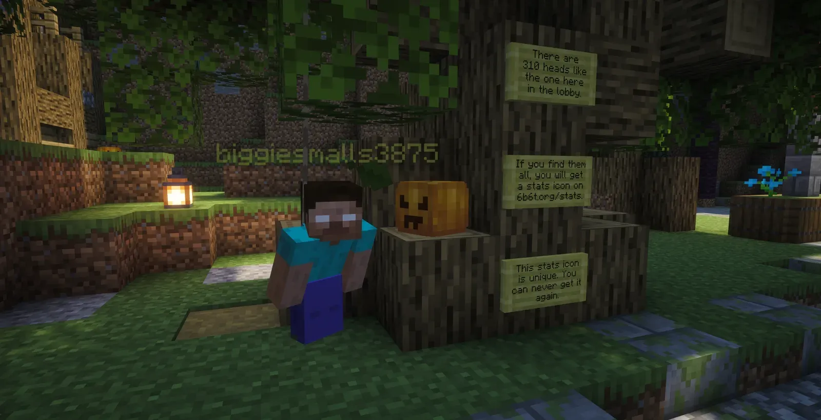 A player next to a pumpkin head on a tree stump, with signs saying there are 310 heads and finding all gives a stats icon