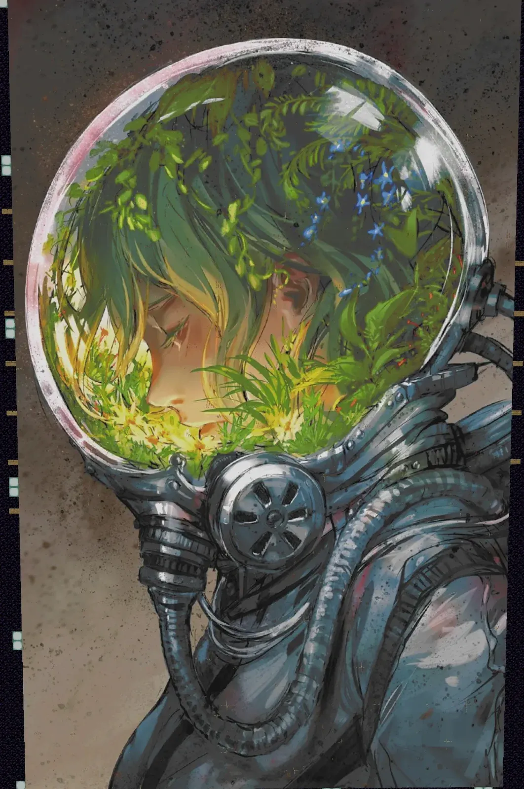 An image displaying a green haired girl wearing an astronaut suit with plants inside of the helmet.