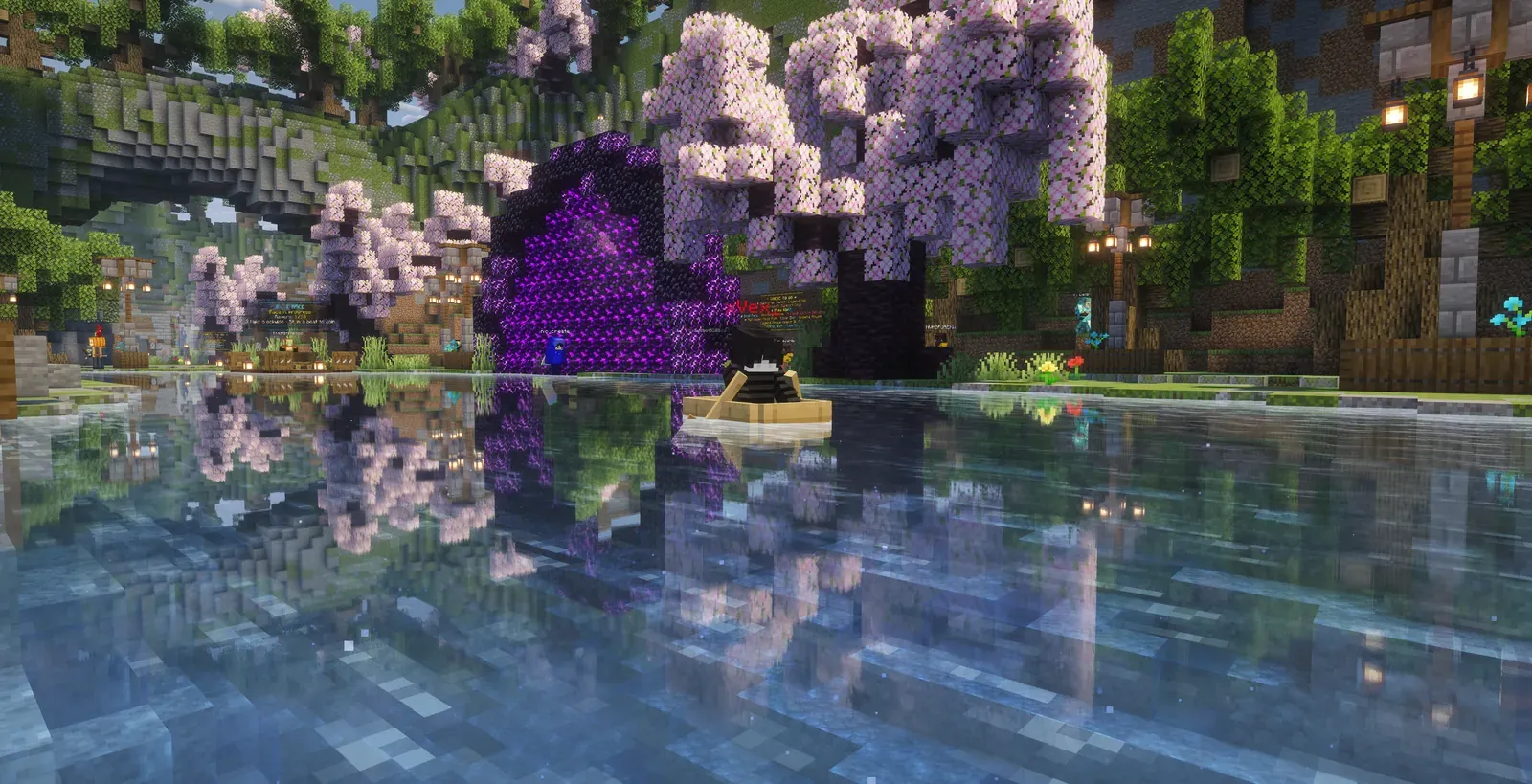 A player in a boat on still water, with the purple portal and cherry trees reflected in it
