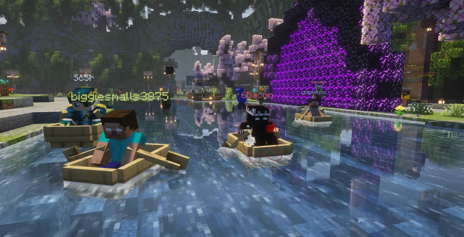 Several players in boats on the water in front of the purple portal, racing toward the camera
