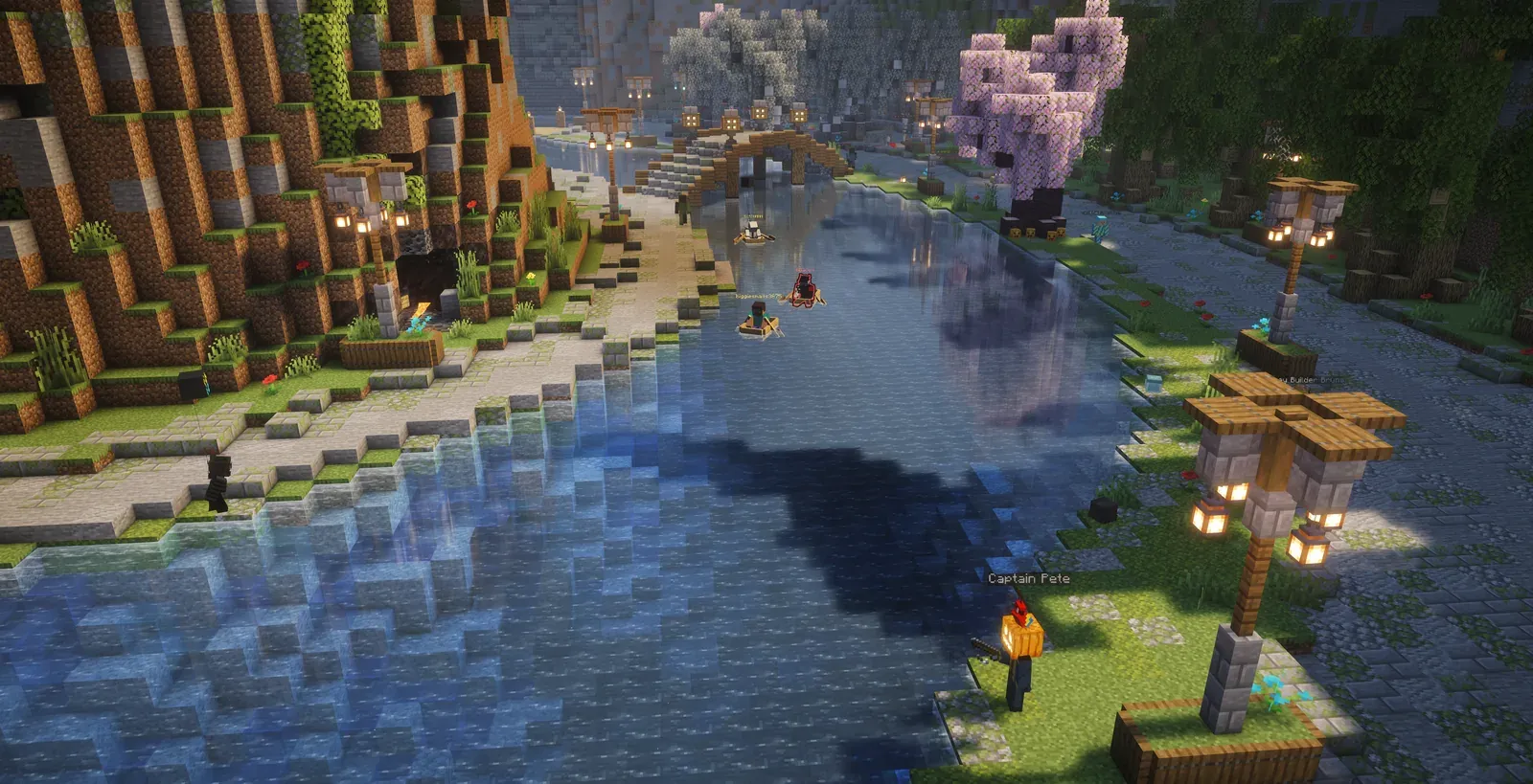 Boats racing along the river toward a stone bridge, with an NPC called Captain Pete watching from the bank