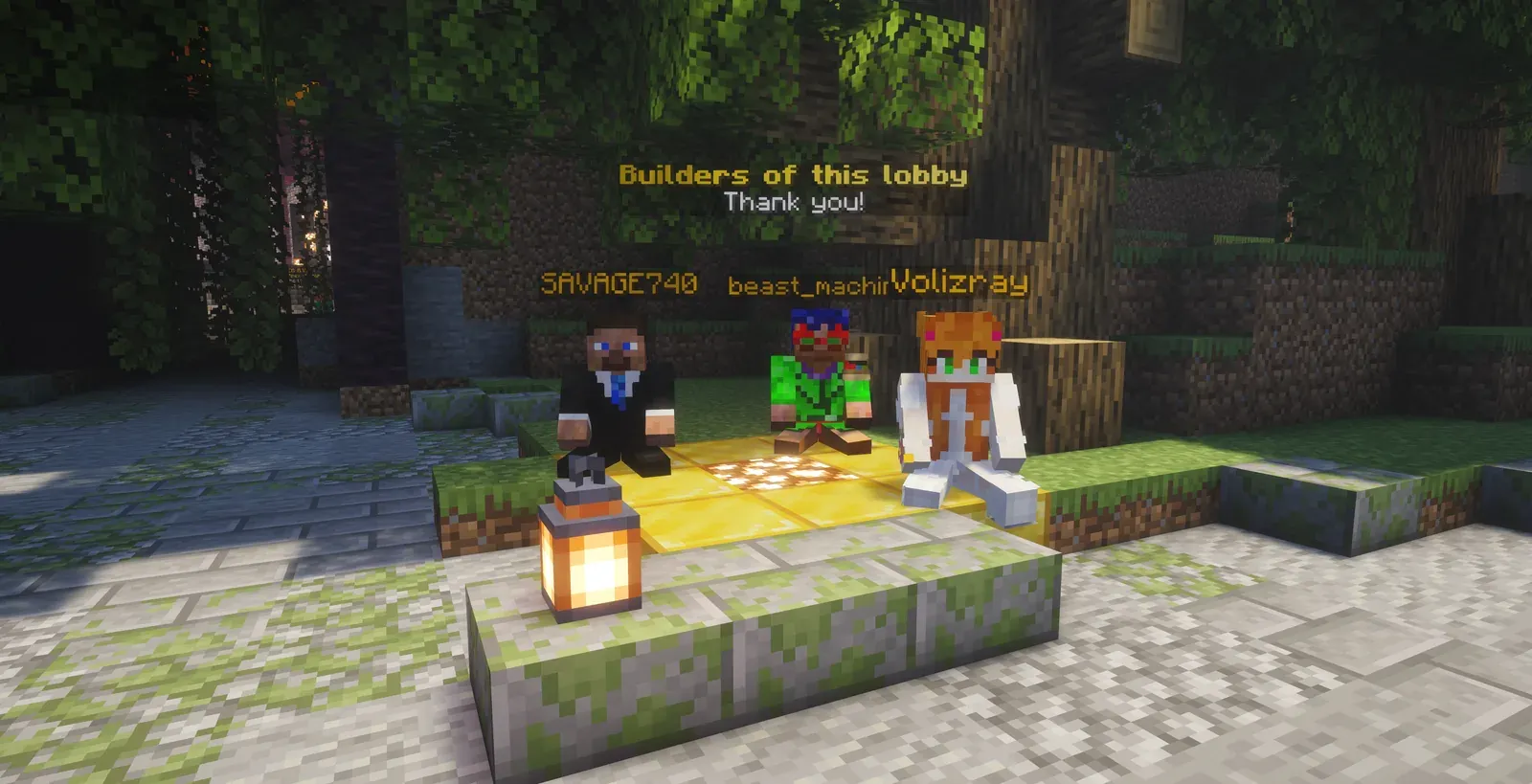 SAVAGE740, beast_machine and Volizray sitting on a gold platform under the floating words Builders of this lobby, Thank you