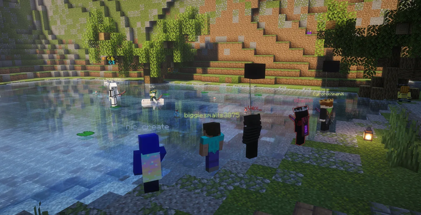 A row of players fishing at the edge of a pond, with fishing lines in the water and a mossy hill behind