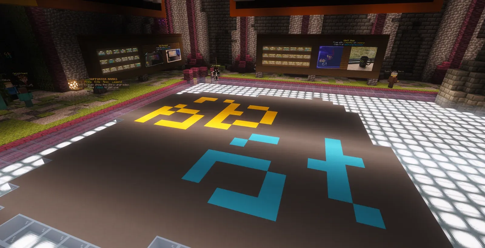 The 6b6t logo on the glowing light-blue glass floor of the Supporter Ranks hall, seen at an angle