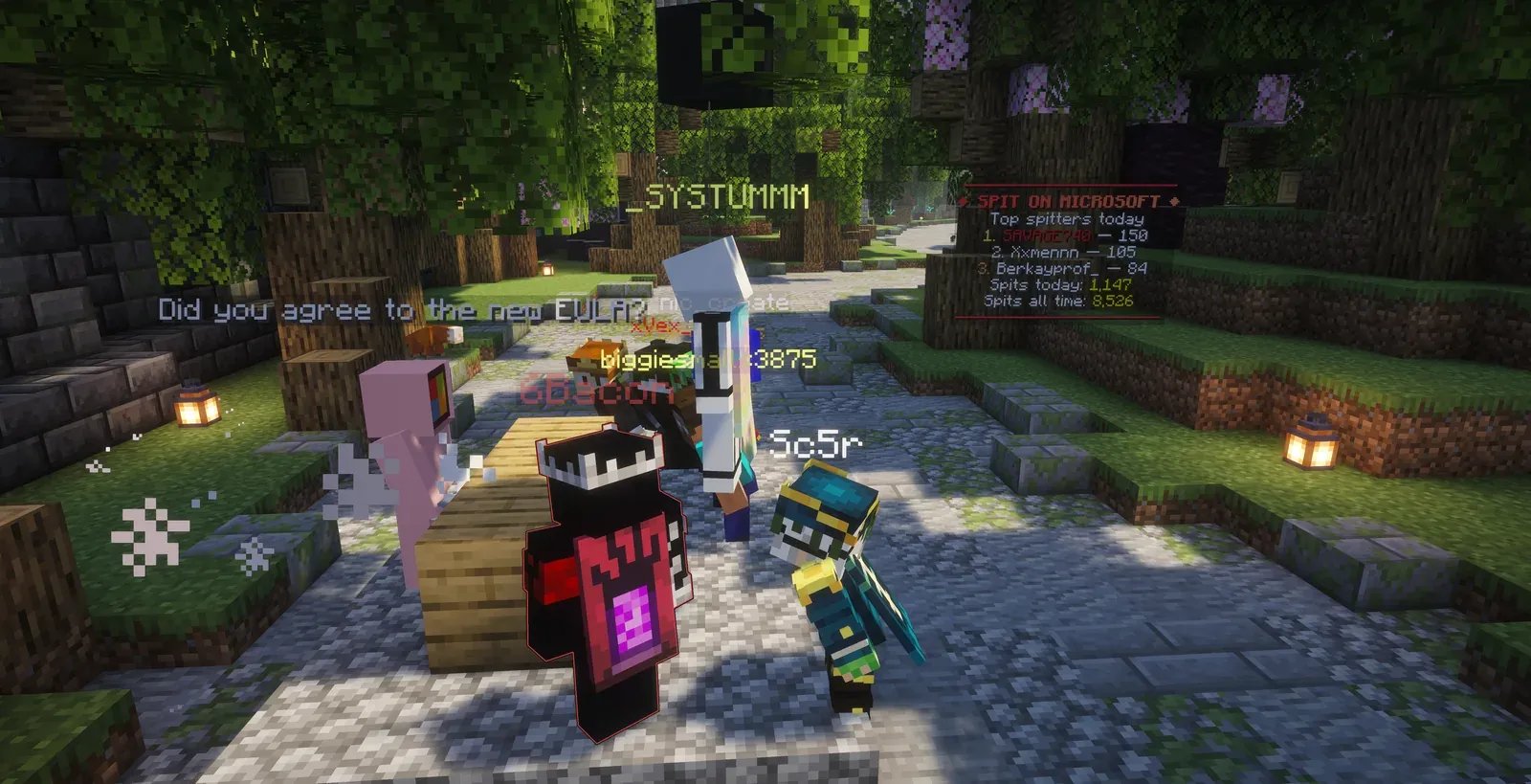 Players crowding the Microsoft NPC at a desk in the 6b6t lobby as it asks Did you agree to the new EULA, beside a spit board