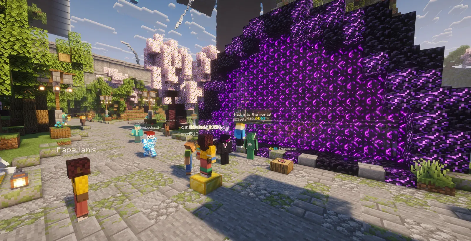 Players walking across a stone plaza toward a giant purple portal surrounded by cherry trees