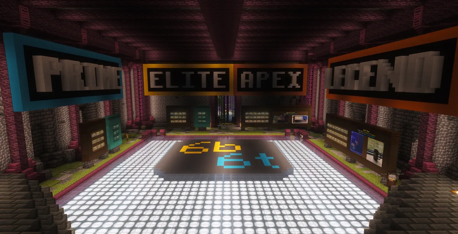 A hall with big Prime, Elite, Apex and Legend signs on the walls, rank boards below them and the 6b6t logo on a glowing floor