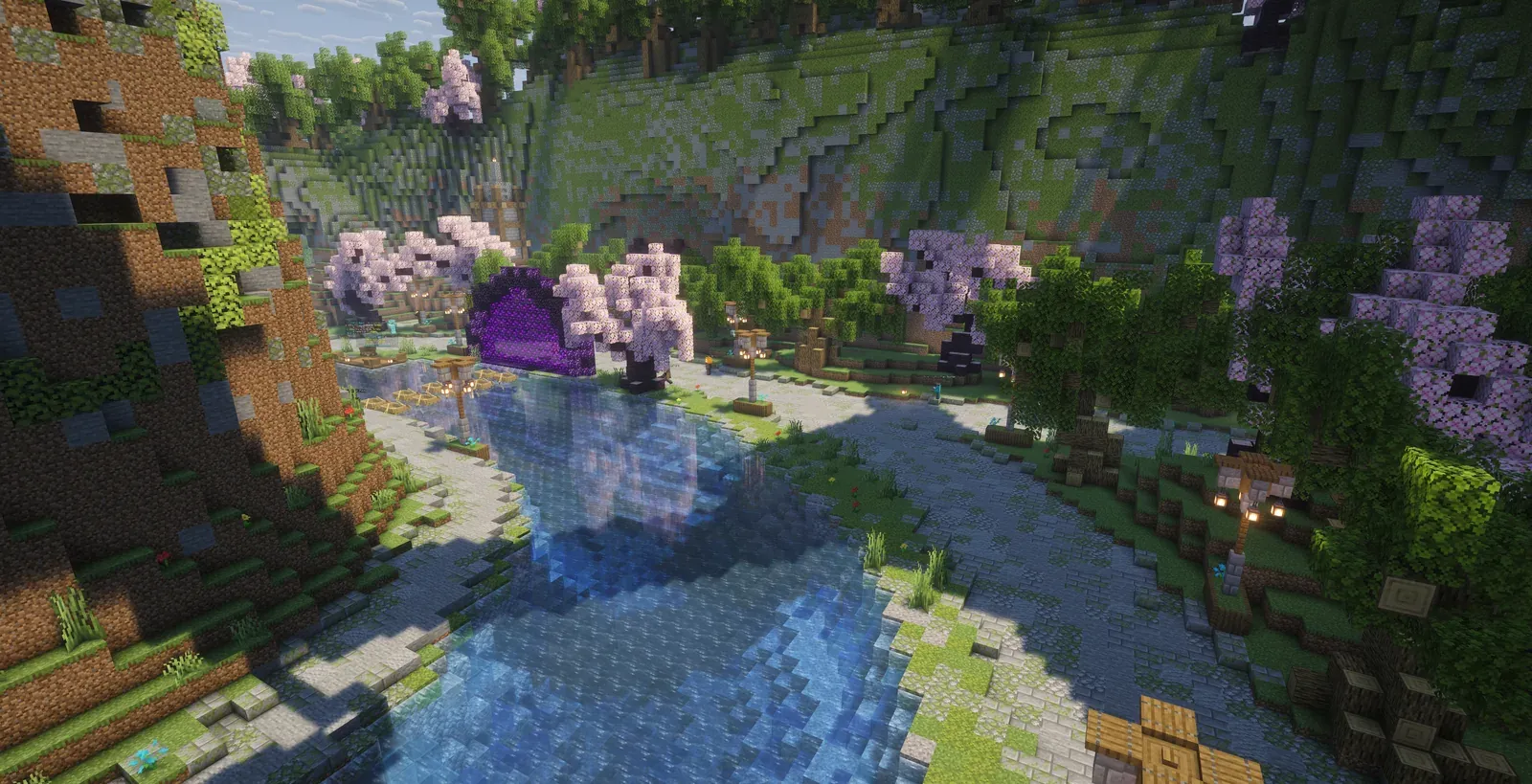 The river winding through the lobby toward the purple portal, with cherry trees and lanterns on both banks