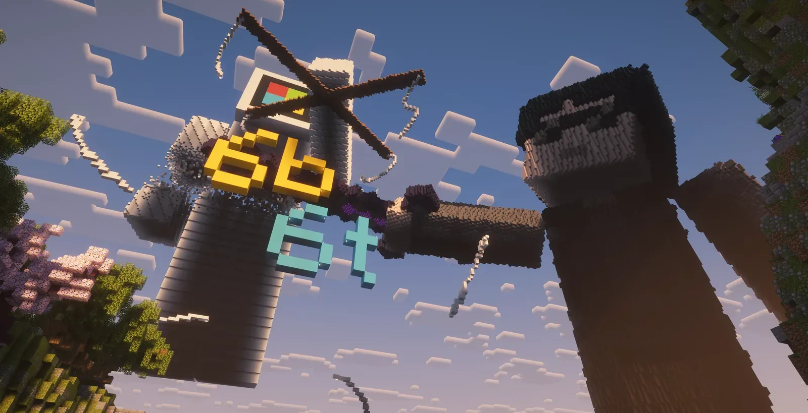A giant statue of qbasty in sunglasses cutting a white robot with the Microsoft logo for a head in half, the 6b6t logo between them