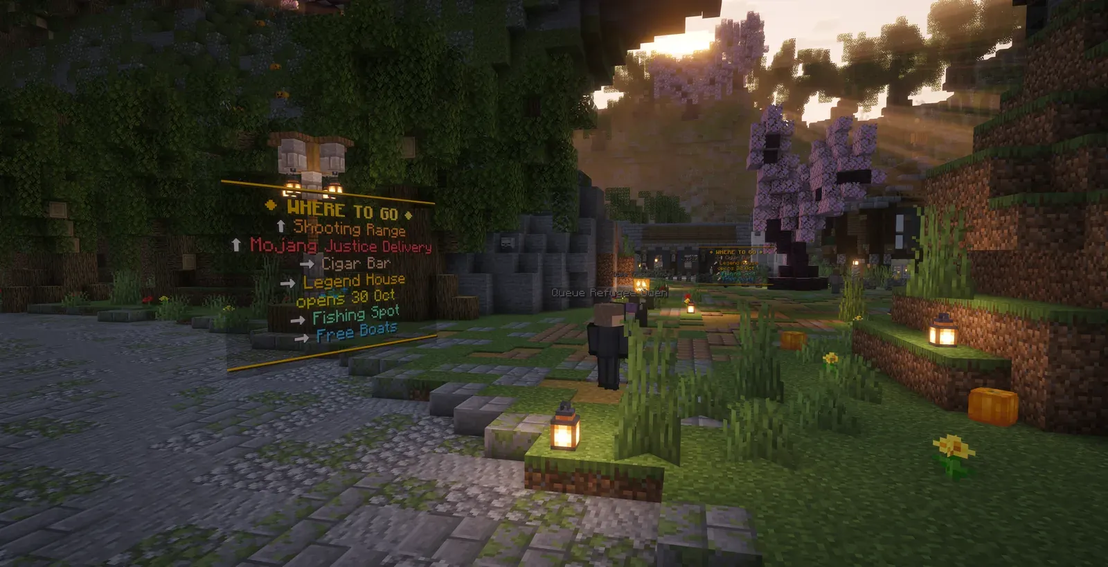 A floating Where to go sign with arrows to the Shooting Range, Mojang Justice Delivery, the Cigar Bar and other places