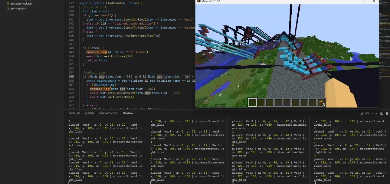 A program in VS Code that builds a staircased mapart with several bots, with the live build shown in a small window.
