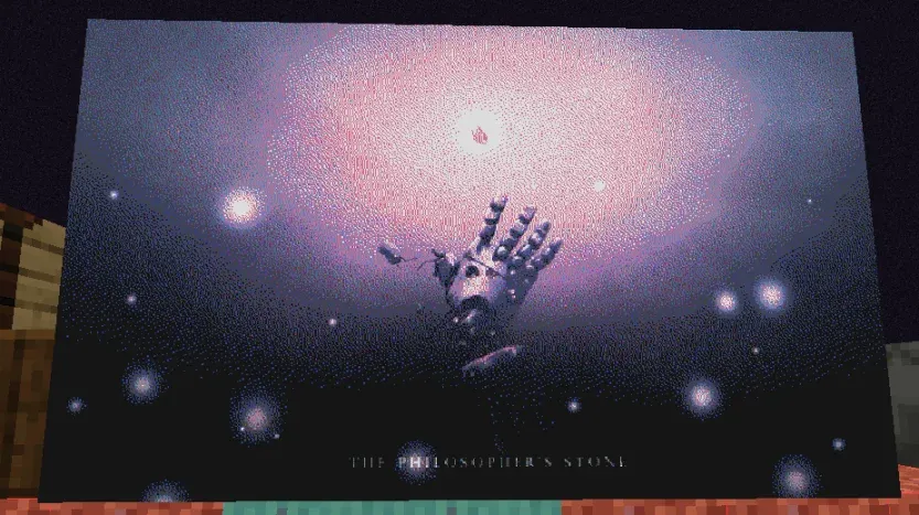 An image of a 5x3 mapart wall of a robotic hand falling through a purple void. The text “the philosopher's stone” is displayed below