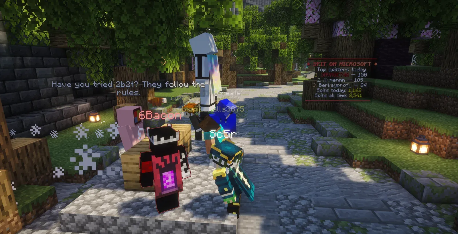 Players crowding the desk while the Microsoft NPC says Have you tried 2b2t? They follow the rules