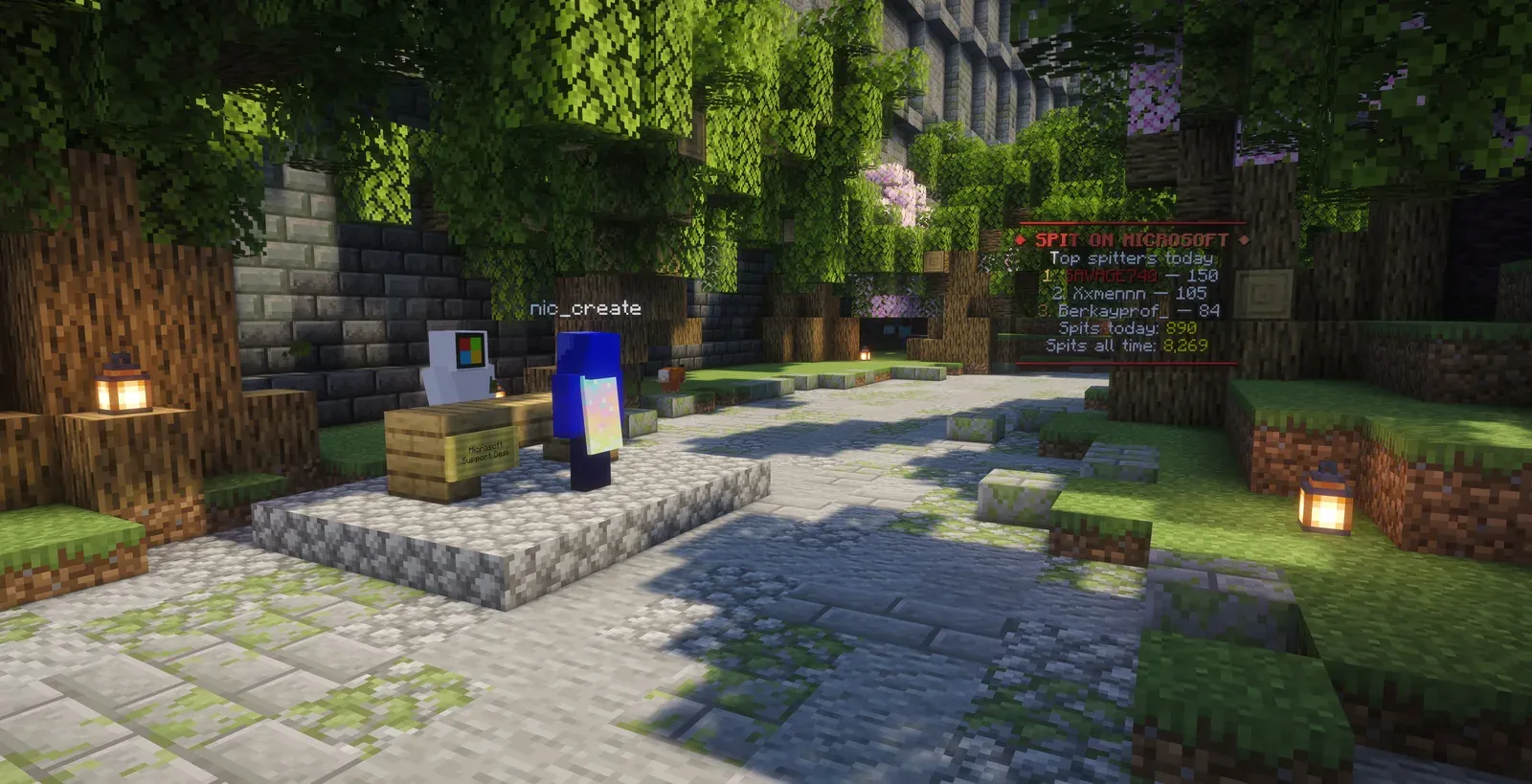 A Microsoft NPC with the Microsoft logo as its head behind a desk, next to the Spit on Microsoft board with today's top spitters