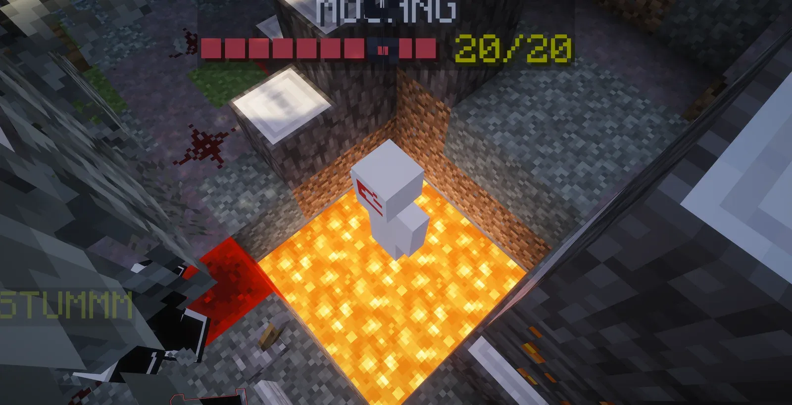 A Mojang figure standing in a square of lava, its health bar still at 20 out of 20