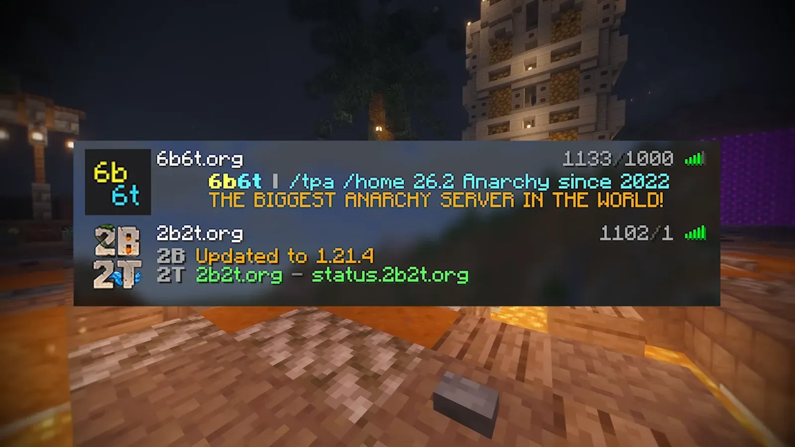 A Minecraft server list showing 6b6t.org with 1,133 players above 2b2t.org with 1,102 players, over 6b6t's lobby at night.